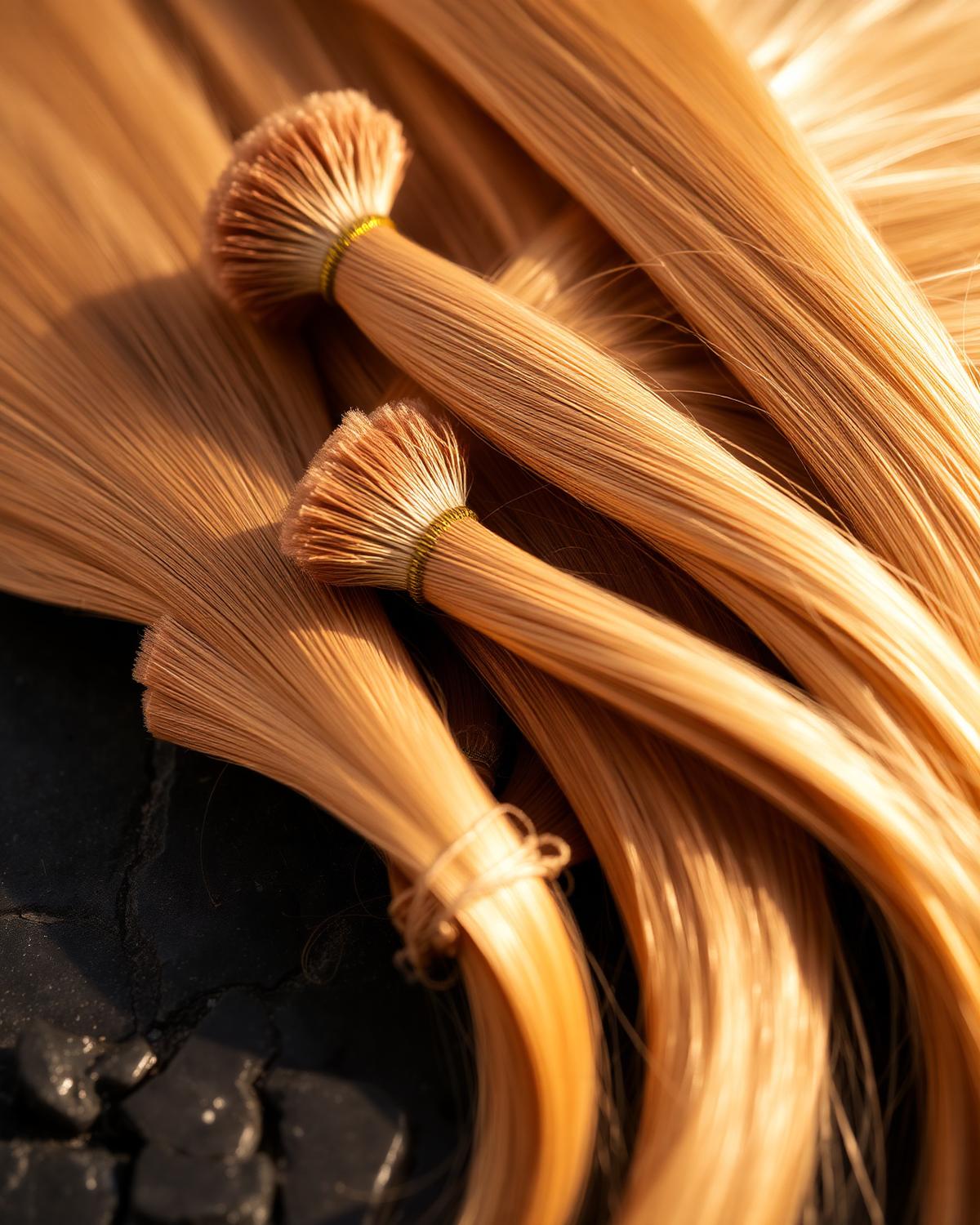 Close-up of premium keratin-tip hair extension bundles