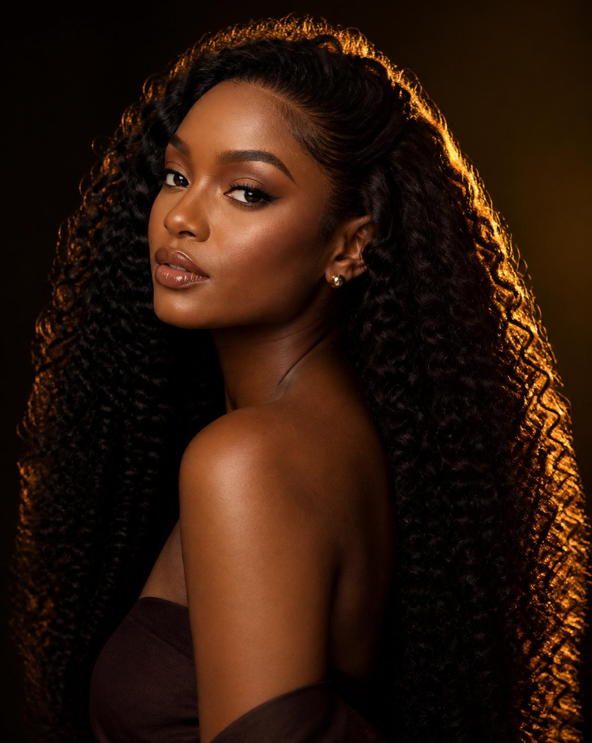 Woman with long coiled curly hair extensions