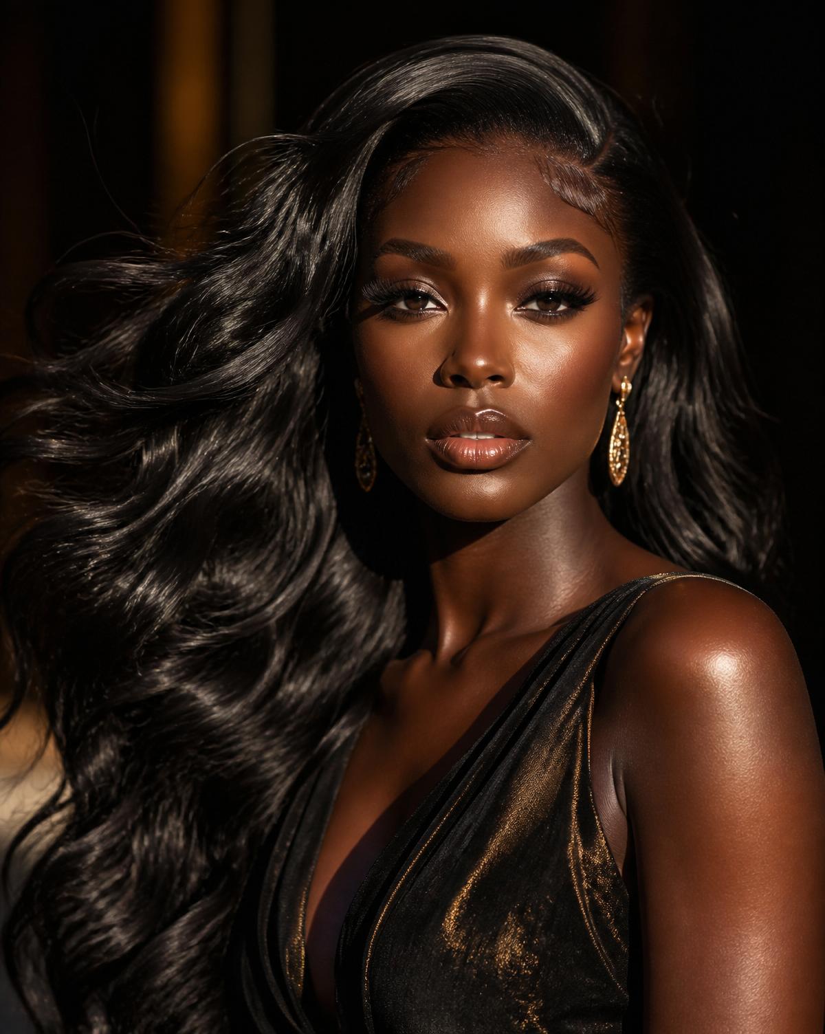 Woman with glossy wavy hair extensions