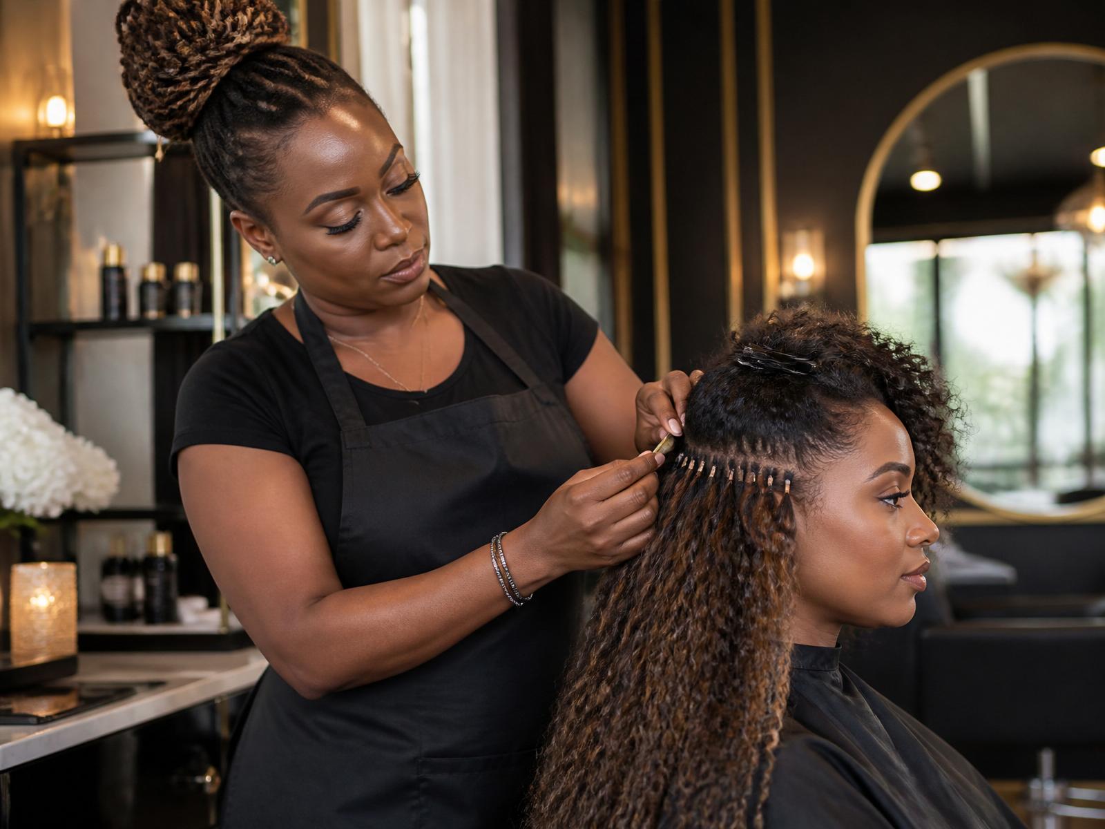 Stylist installing luxury keratin-tip hair extensions in a Barbados salon